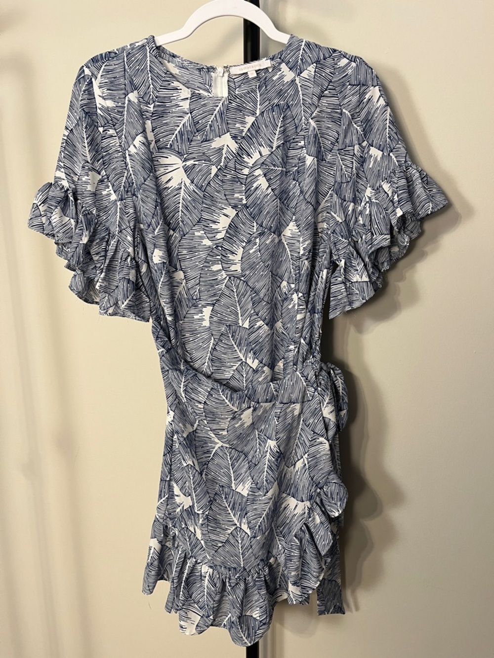 Olivaceous Navy Blue White Printed Ruffle Wrap Mini Dress Short Sleeve Medium